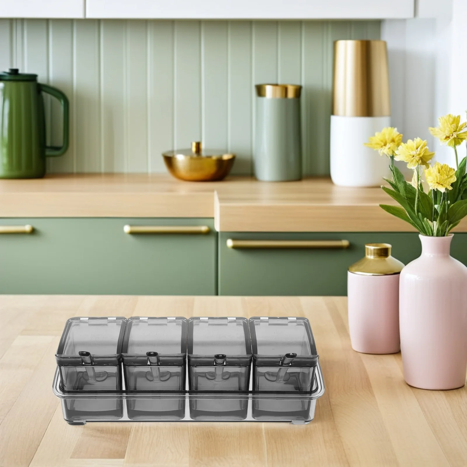 

Spice Container Set Transparent Lids Plastic Kitchen Seasoning Box Salt Sugar Pepper Condiment Storage Organizer Non-Slip Tray