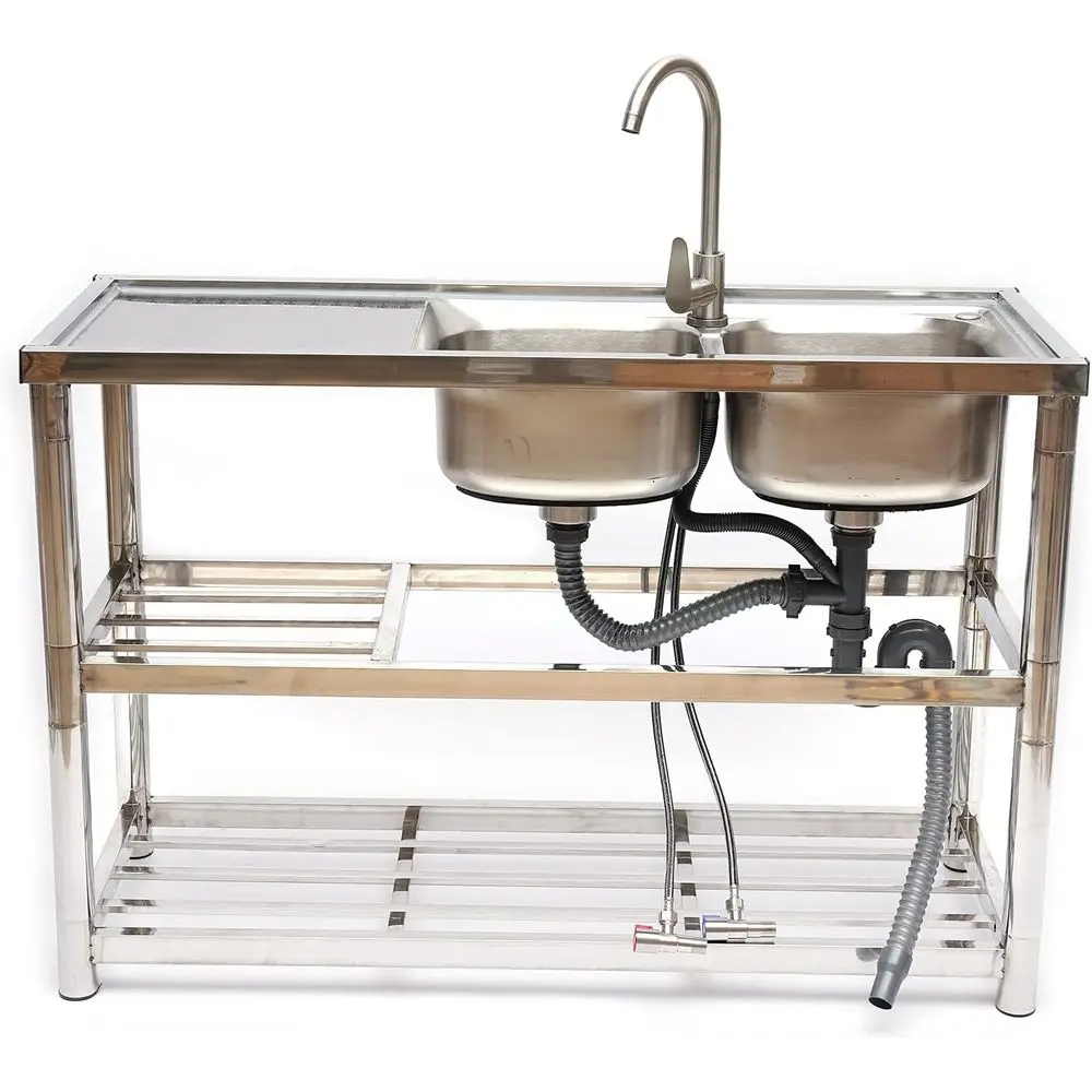 Standing Stainless Steel Double Bowl Sink, Commercial Restaurant Kitchen Sink Set with Faucet & Drainboard, 2 Compartment Utilit