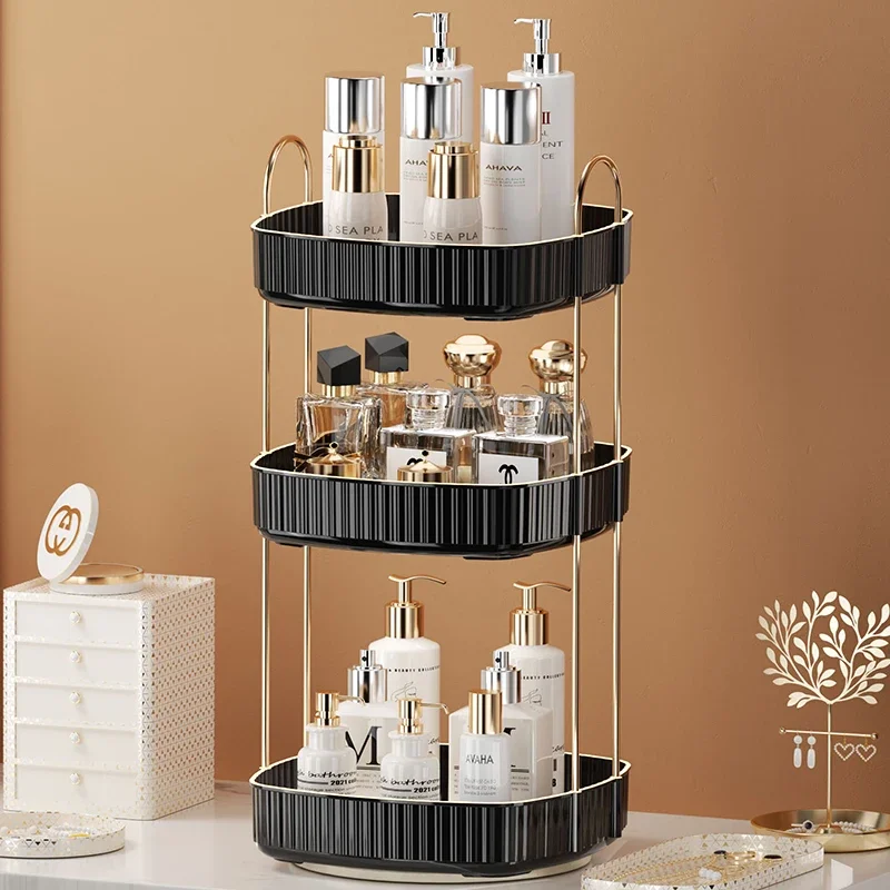 3 Layers Light Luxury Makeup Organizer 360° Rotating Desktop Cosmetic Storage Shelf Bathroom Organizer Skincare Rack