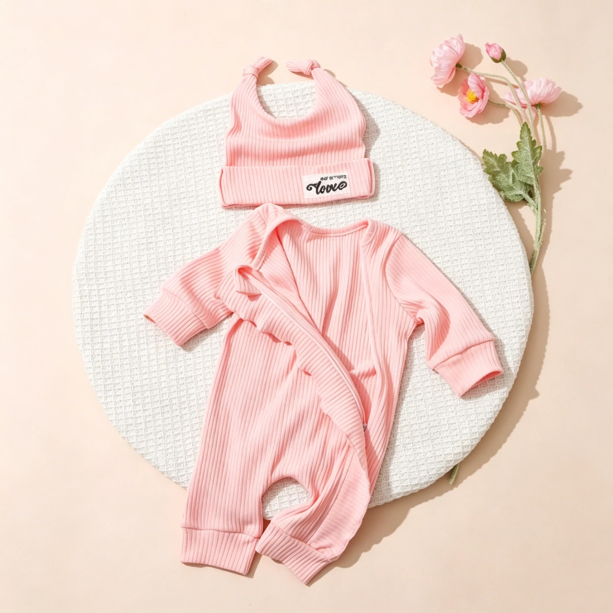 Newborn Photography Clothes Ribbed Romper Bunny Ear Hat Set Infant Zipper Closure Long Sleeve Baby Jumpsuit Coming Home OutfitHD image 5