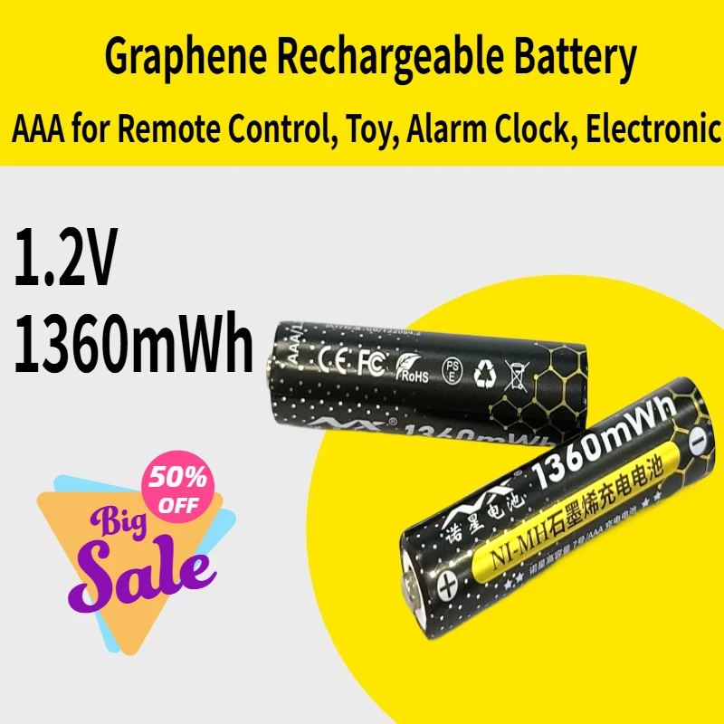 New AAA Graphene Rechargeable Battery 1.2V 1360mWh for Remote Control, Toy, Alarm Clock, Electronic