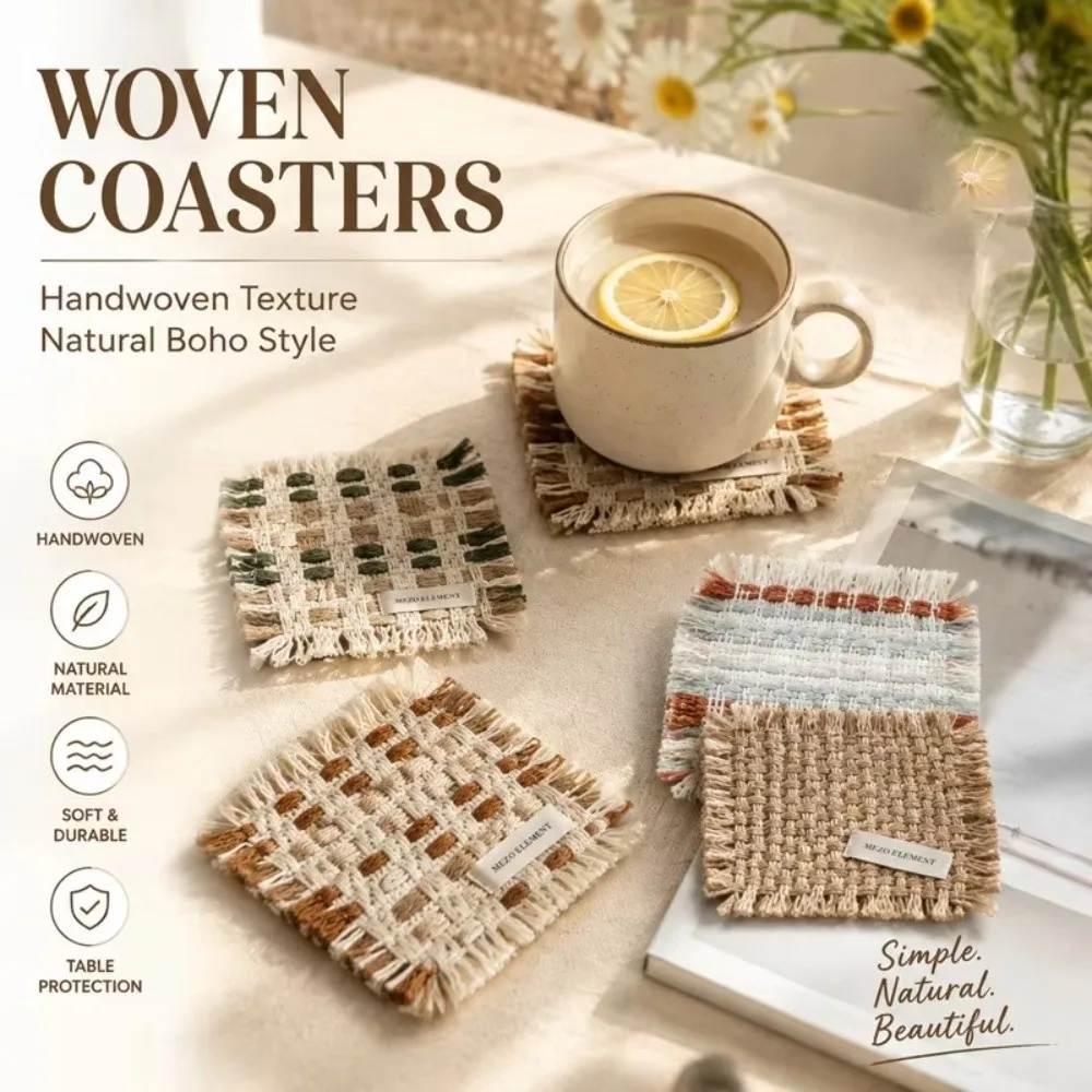 Nordic INS Style Handmade Woven Coaster Heat Resistant Square Shape Fringe Table Mat Non-Slip Heat Insulation Pad