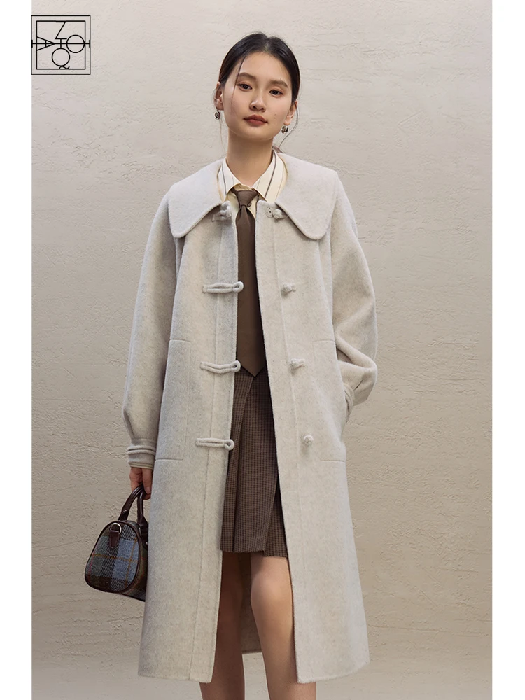 

ZIQIAO College Style Double-sided 64.6% Woolen Coat for Women 2023 Winter New Peter-pan Collar Mid-length Wool Coats Female