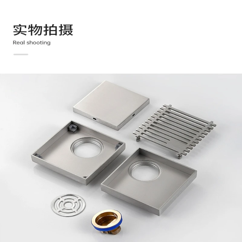 SUS 10x10cm Rustproof Durable Floor Drain Grey & Brushed Tile Insertable Eccentric Offset Floor Drain Anti-odor Misaligned Sewer