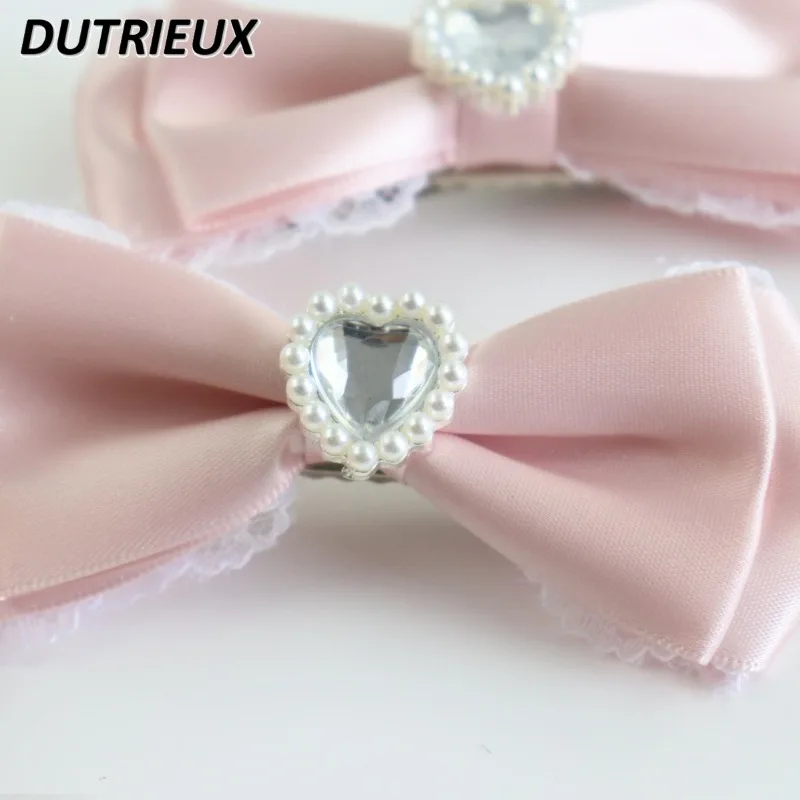 Sweet Lace Bow Hairpin Japanese Style Lolita Cute Duckbill Clip Rhinestone Lace Ribbon A Pair Hair Clip Korean Accessories