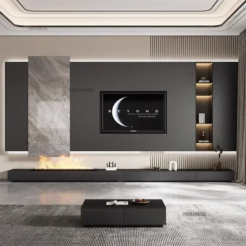 Minimalist Black Slate TV Stands Luxury Living Room Furniture Drawer Storage Decorative Cabinet Embedded Fireplace Floor Cabinet
