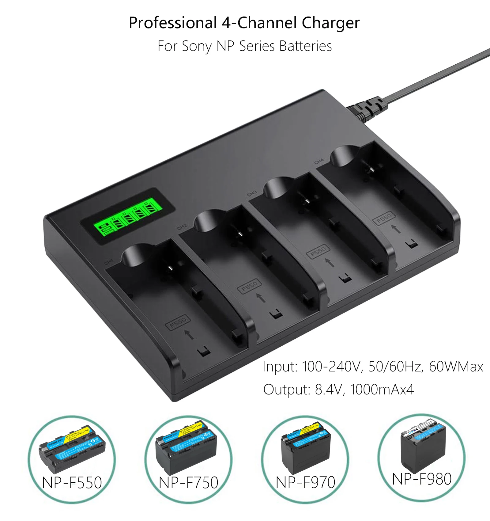 4-Channel Battery Charger with LCD Display for Sony NP-F970, NP-F960, NP-F770, NP-F750, NP-F570, NP-F550 Camera Battery