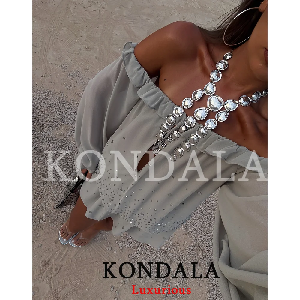 KONDALA Sexy Schickes Pailletten-Partykleid für Damen Langarm Schulterfrei Mini-Chiffonkleid Mode 2026 Sommer Herbst Urlaubskleid – Detail 5