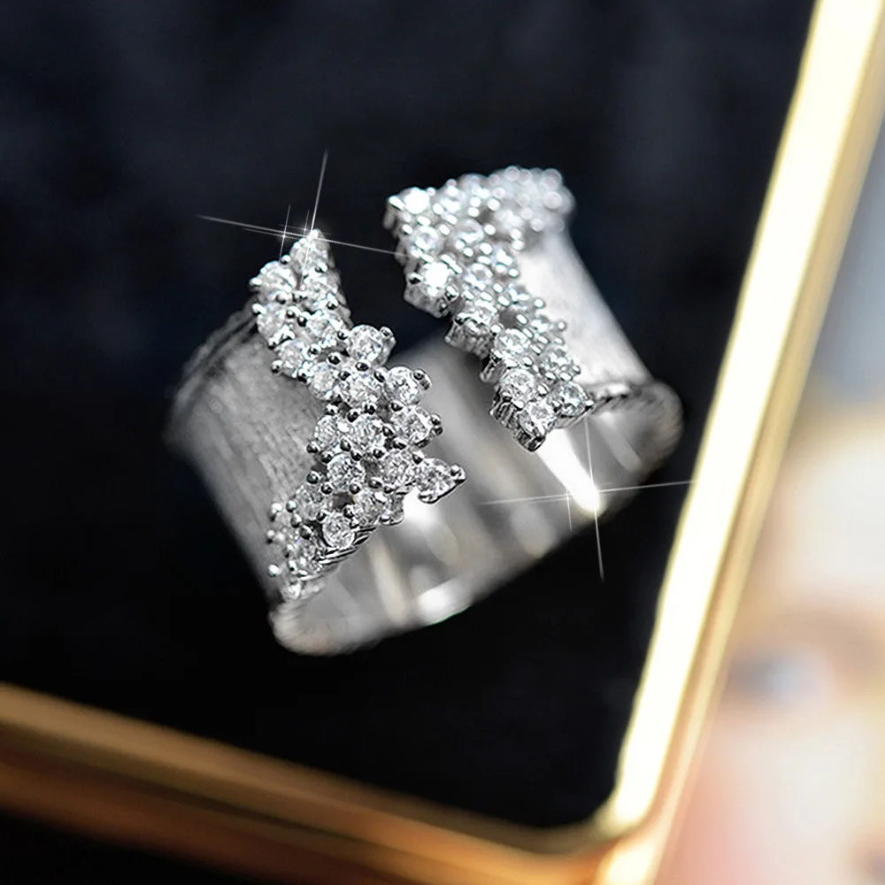 Luxury 925 Sterling Silver Cubic Zirconia Rings for Women Modern Wide Band Finger Ring Gold Color OL Style Female Jewelry Gift