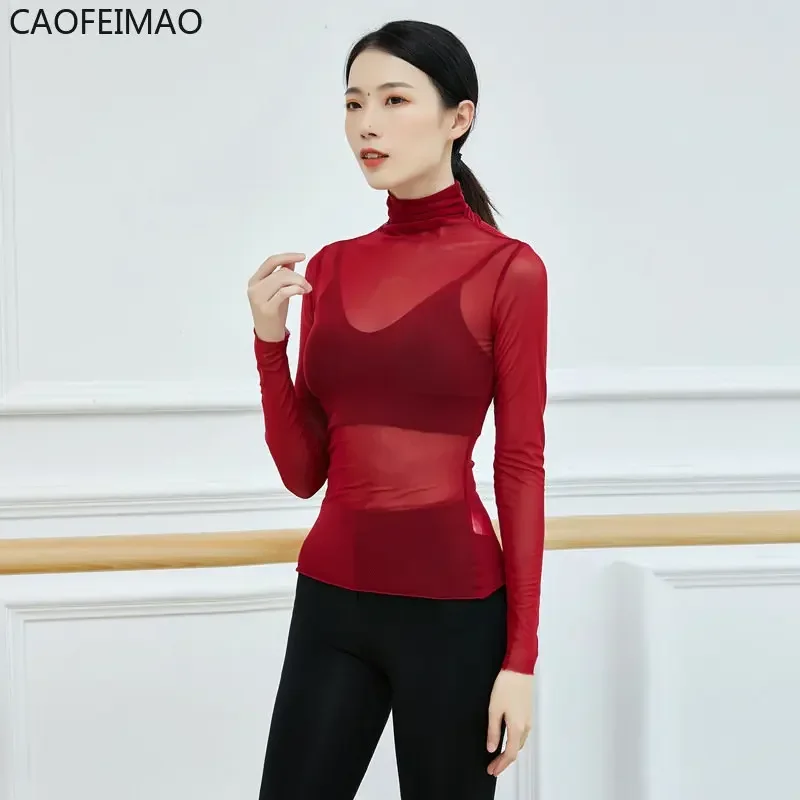 Caofeimao 2025 cuello alto verano primavera secado rápido gasa práctica de baile Top mangas largas transpirable blusa de baile Tops mujeres