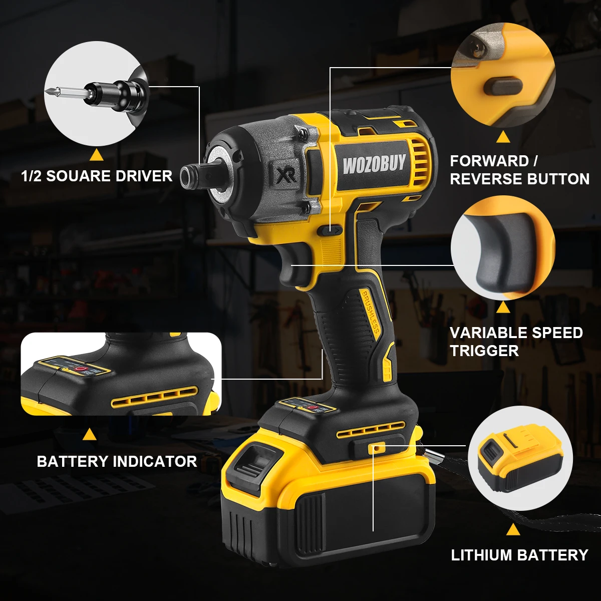 Cordless Impact Wrench, 1/2 Impact Gun w/Max Torque 236 ft lbs (320N.m), Power w/ 2.6A Li-ion Battery, 4 Pcs Impact Sockets