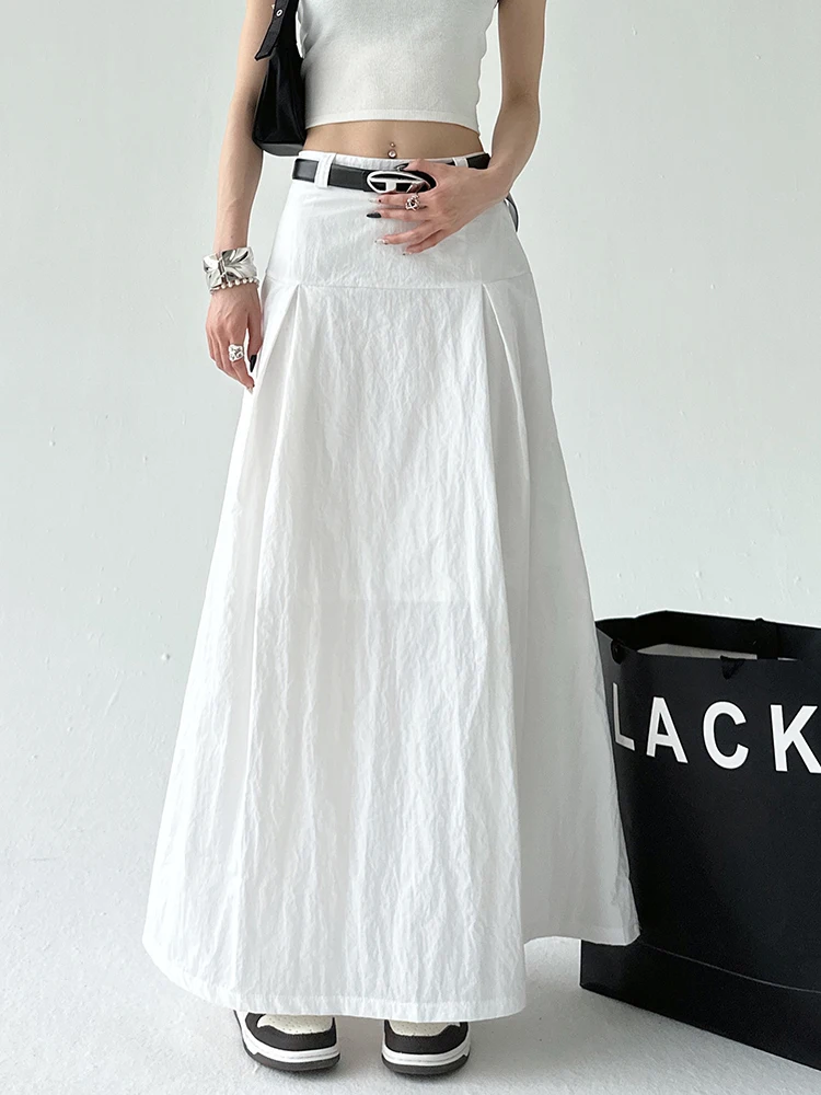 

Original Design High Waist A-Line Midi Skirt for Women White Pleated Long Skirt Spring Summer Faion Cotton Polyester Blend