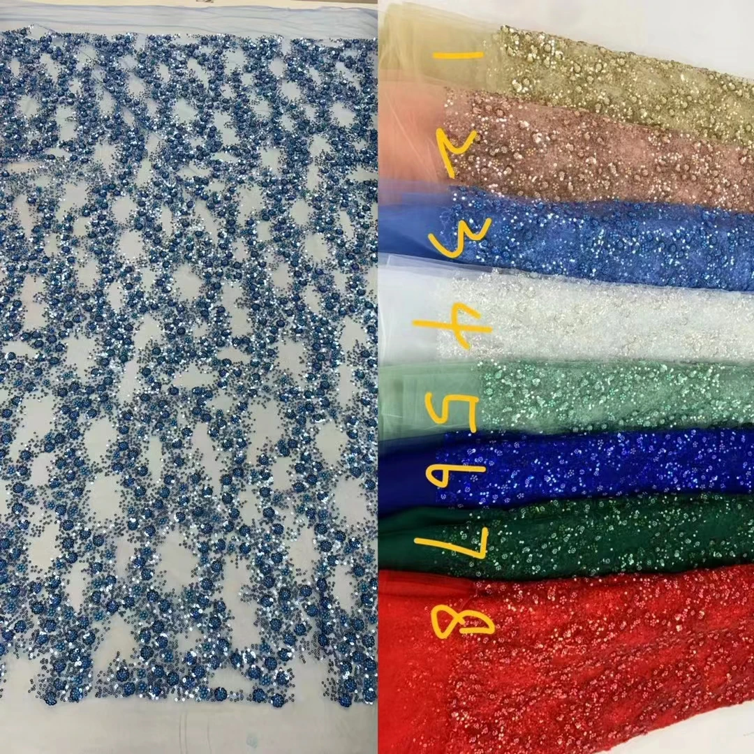 African Beads Lace Fabric 2024 High Quality French Net Sequins Lace Embroider Nigerian Lace For Sewing Woman Party Dress 5 Yards