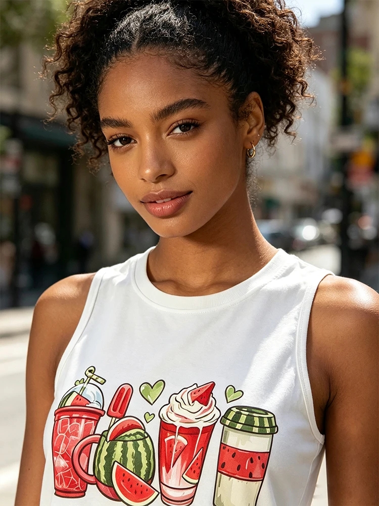 Summer Watermelon Drink Graphic Tank Top Women Cute Cartoon Fruit Print Sleeveless Vest Casual Daily Streetwear Tops
