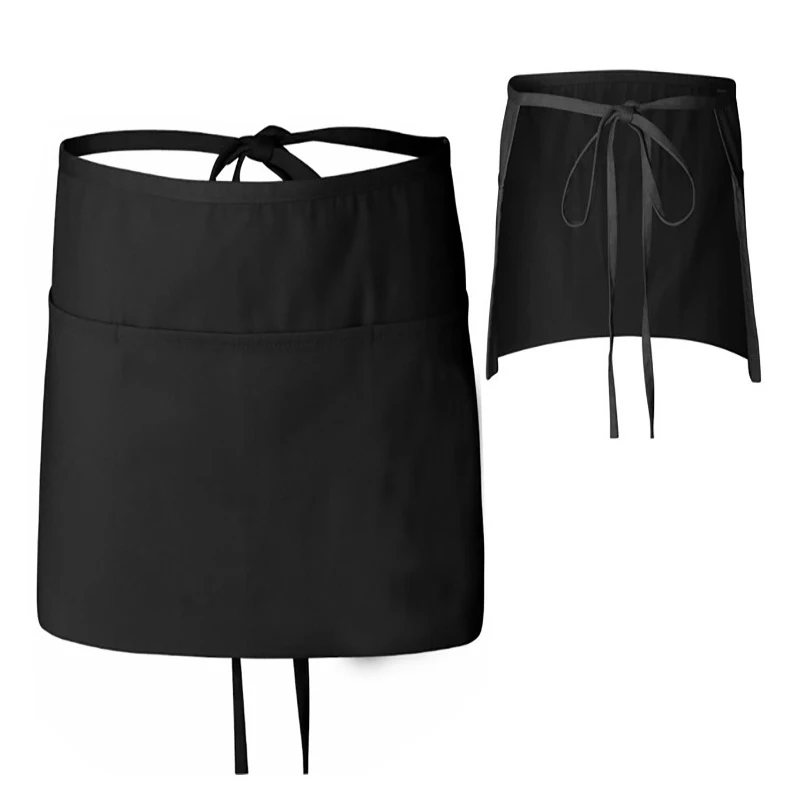 2 Pcs 3 Pockets Short Waist Apron Waitress Chef Half Apron Restaurant Tea Shop Cafe Cooking Apron BBQ Bar Kitchen Accessory