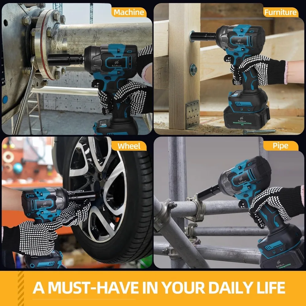 Kit de clé à chocs sans balais de 500 N.m avec douilles, forets et crochet de taille pour voitures, camions et projets de bricolage