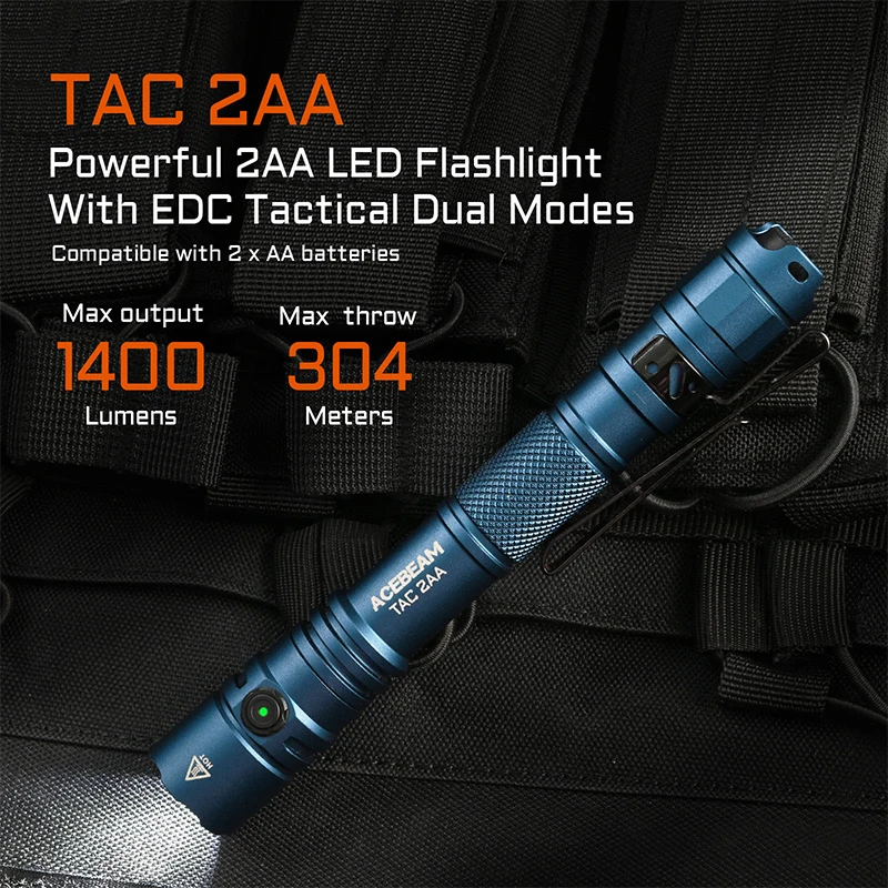 ACEBEAM TAC 2AA LED flashlight 1400 lumen 304 meters portable EDC flashlight USB-C rechargeable battery double buttons torch