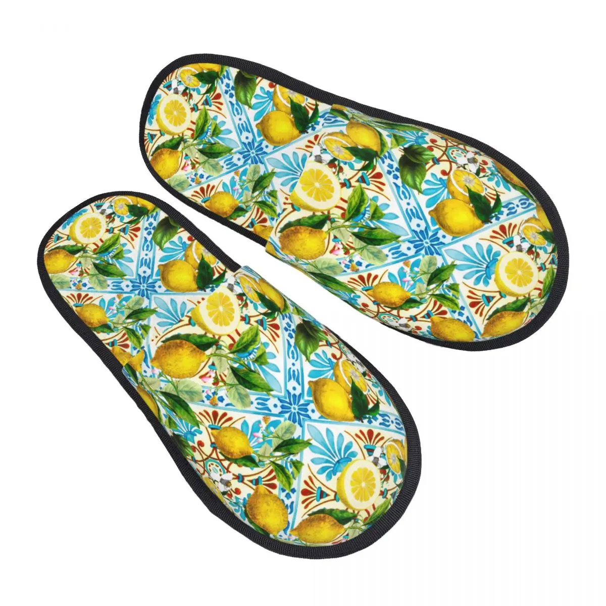 Custom Mediterranean Style Sicilian Tiles Lemons Citrus Memory Foam Slippers Women Cozy Warm House Slippers