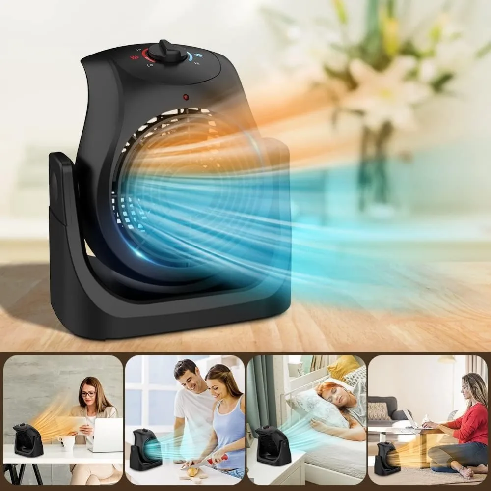 مجموعة مروحة سخان 2 في 1، مروحة مكتب تبريد محمولة، مروحة توزيع الهواء 45 °   إمالة، سرعتان للرياح، حماية من الحرارة الزائدة 1500 وات
