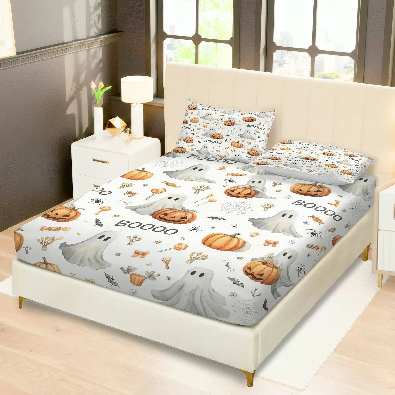 3-Piece Halloween Ghost Pumpkin Bed Sheet Set (1 Fitted Sheet and 2 Pillowcases, No Inserts), Holiday-Themed, Spooky and Fun Bedding, Soft and Breathable Mattress Protector