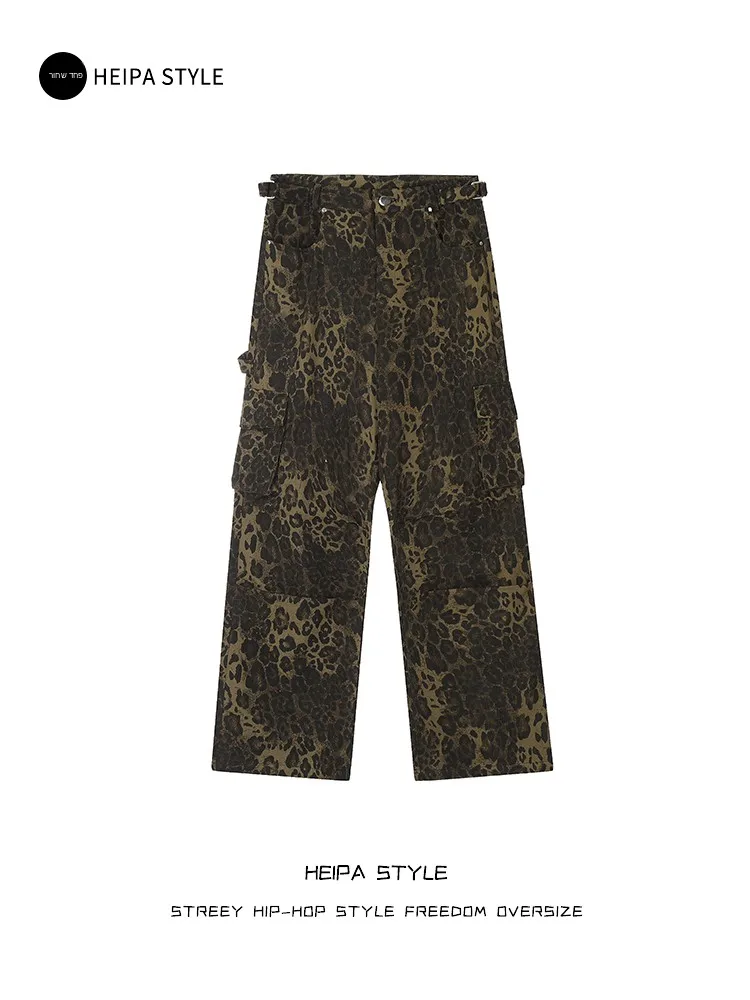 

Retro American Vintage Leopard Print Work Pants Casual Loose Leg Jeans for Men And Women Hiphop Street Style Youthful Energy