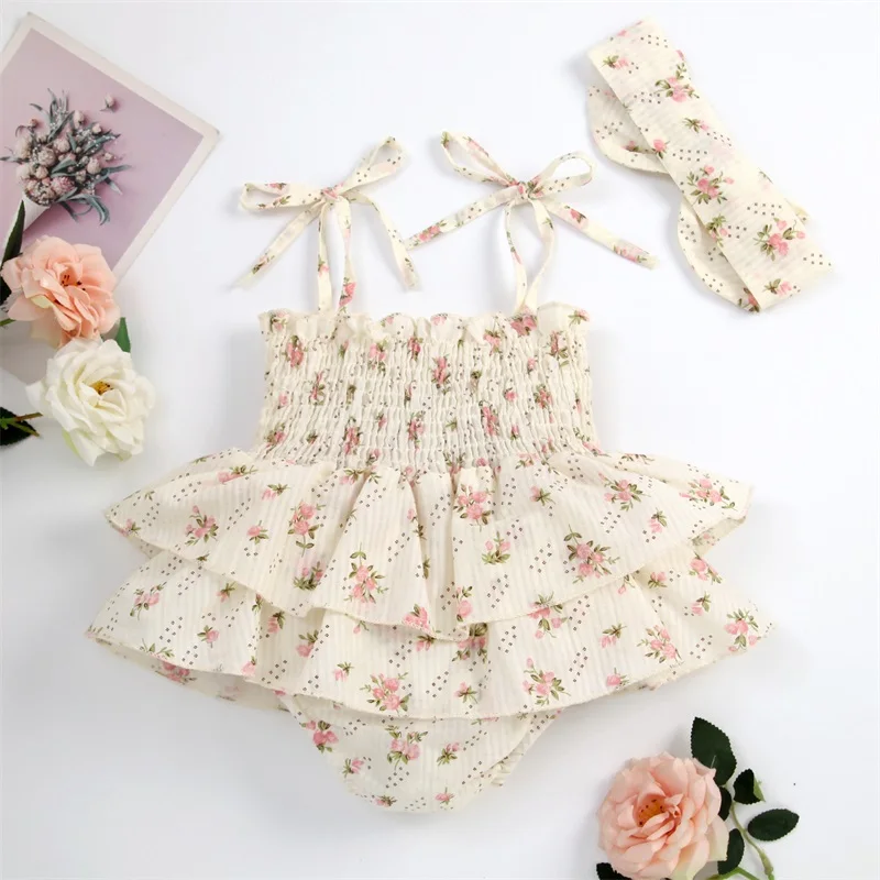 Lovely Summer Newborn Baby Girls Rompers Sleeveless Bandage Elastic Layered Rompers Jumpsuits Skirts Headband Casual Clothes