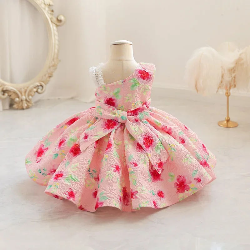 Vestido rosa Floral para niña, vestidos de tutú de princesa de 1 año, un hombro, fiesta de boda, ropa de primera comunión, 1-6