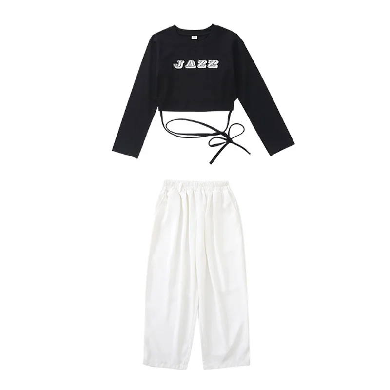キッズK-POPヒップホップ服 ブラックレースアップクロップトップ 長袖Tシャツ ホワイトカジュアルバギーパンツ 女の子用 ジャズダンスコスチューム服