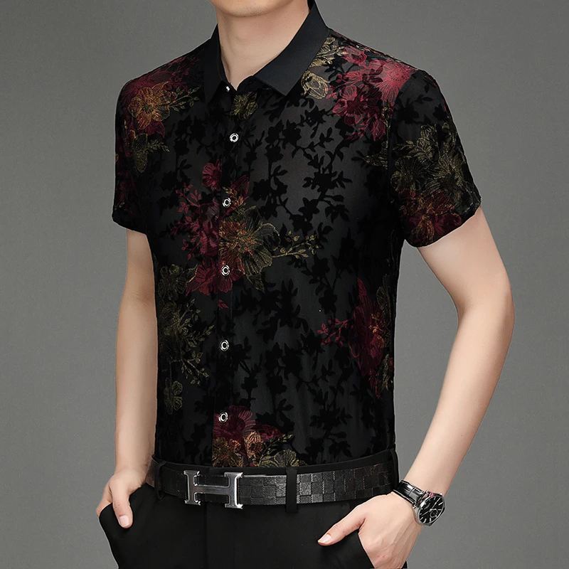 Floral Jacquard Hollow Elastic Shirts For Men Short Sleeve Silky Summer Quality Velvet Soft Comfortable Casual Camisas De Hombre