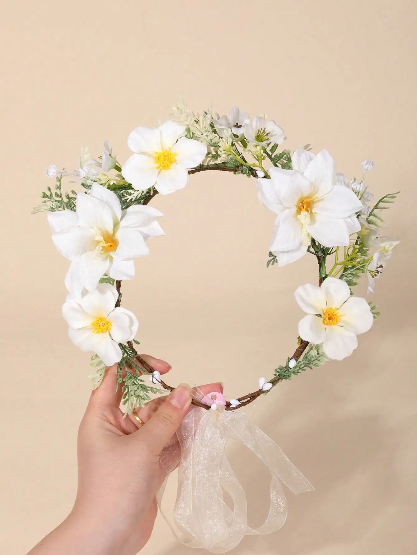 Handmade Blue and White Floral Headband, Fairy-Like Mesh Ribbon Flower Hair Accessory, Outdoor Wedding Photo Shoot Pastoral Style Flower Crown image 3