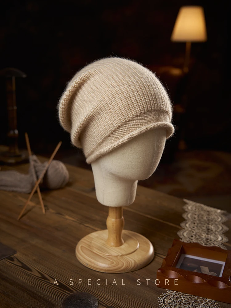 Grube, rolowane brzegi, damskie kaszmirowe czapki dziergane, czapki typu beanie z ściegiem mchu, modne zimowe czapki, miękkie czapki, mieszanka wełny, ciepła czapka do włosów.