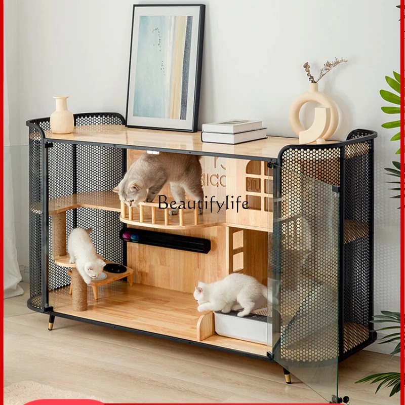 Cat House Solid Wood Luxury Large Space Multi-Layer Cat Nest Large Household Indoor with Toilet Integrated