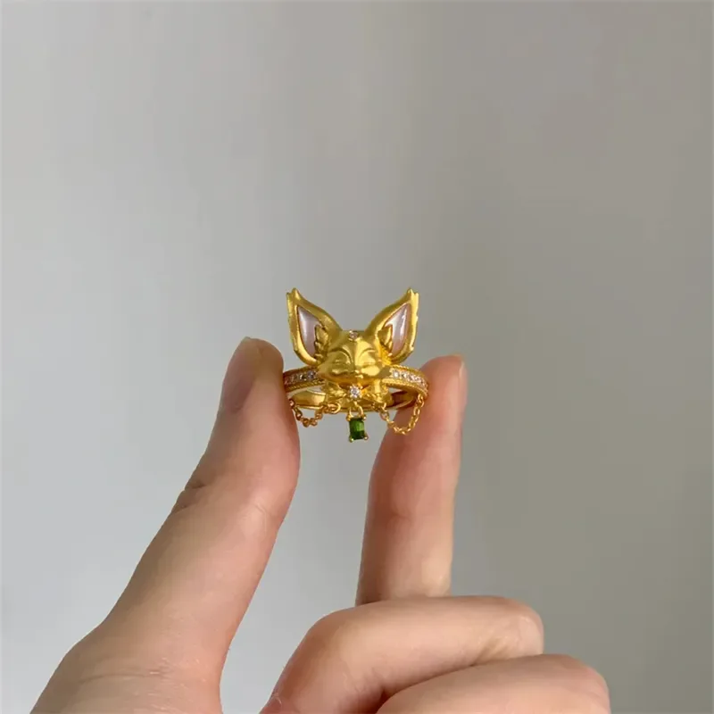 Ethnic Style Gold Color Green Zircon Fox Ring，necklace Women's High End Luxury Afternoon Tea Party Jewelry Rings, Necklaces