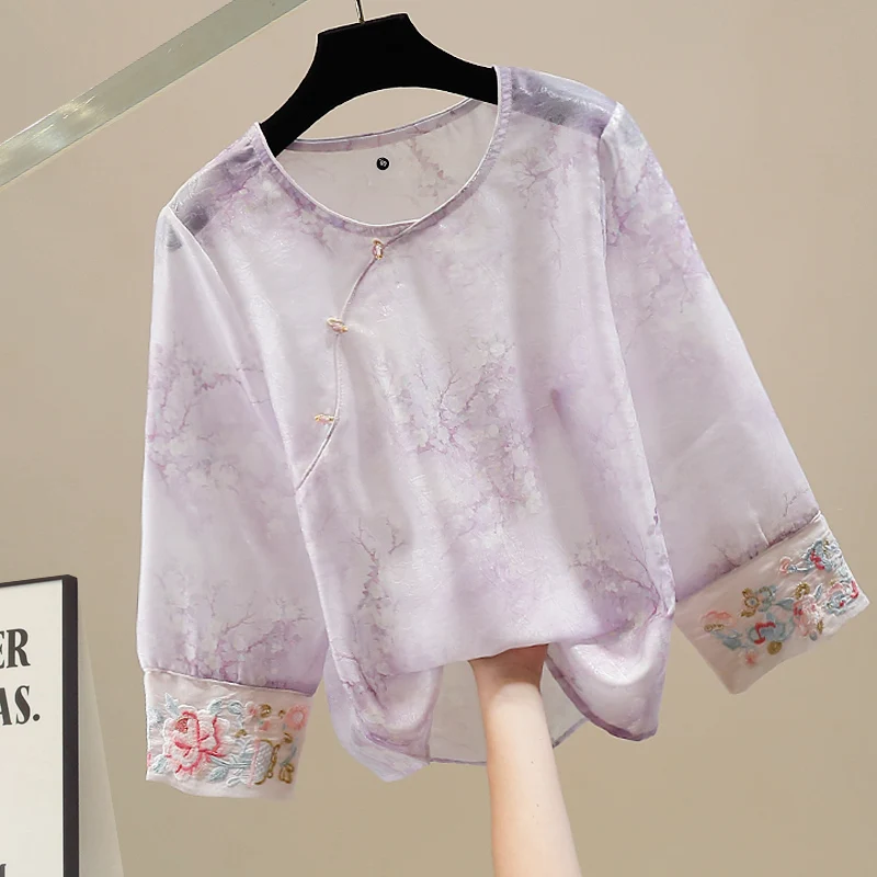 

New Chinese National Style Embroidered Round Neck Shirt for Women, Summer New Retro Buckle Jacquard Improved Tang Top Ladies