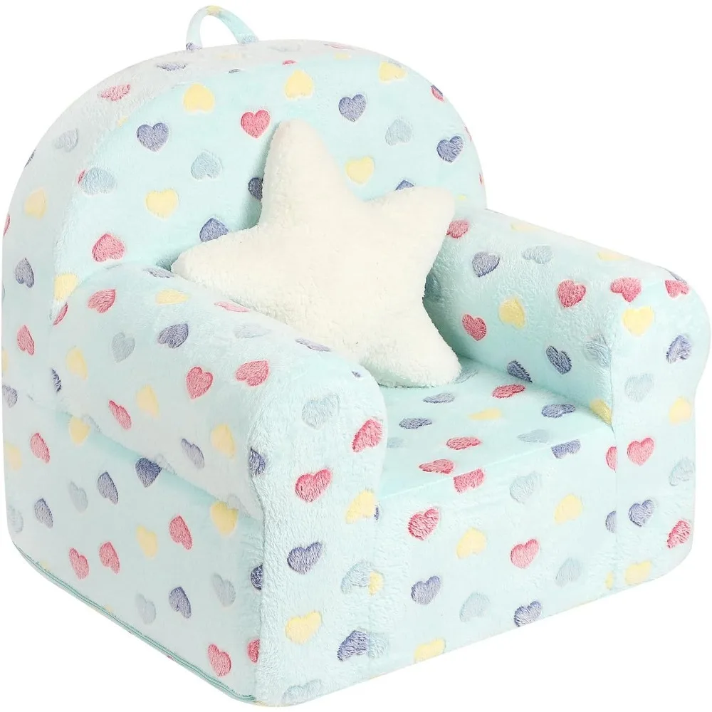 Colorful Heart Kids Sofa with Star Throw Pillow, High Back Toddler Chair Glow in The Dark for Boys and Girls, Lake Blue