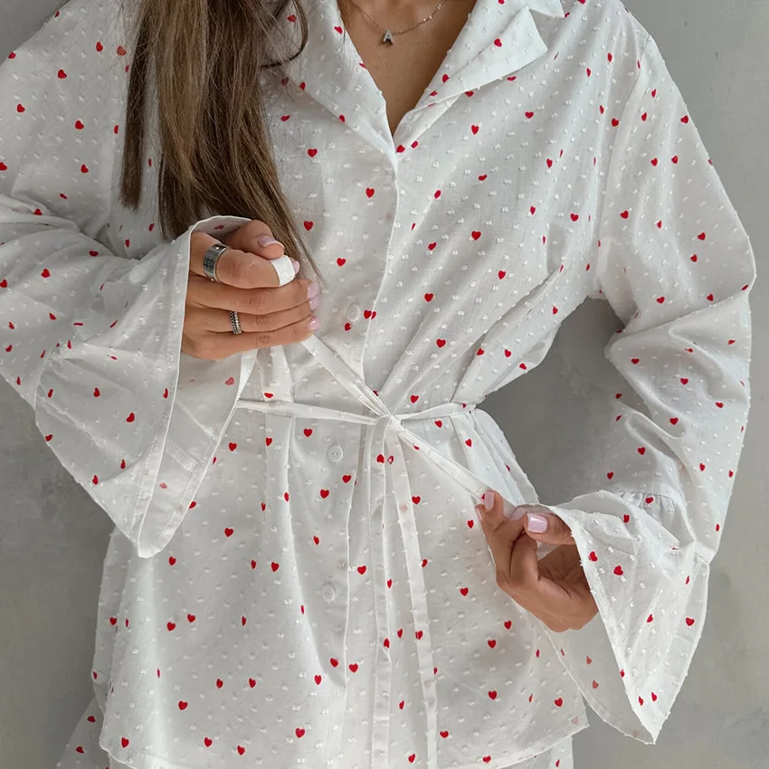 Autumn 100% Cotton Pink Heart Print Loose Comfortable Pajamas Set For Women Long Sleeves Long Pants Sleepwear 2PCS Home Clothes