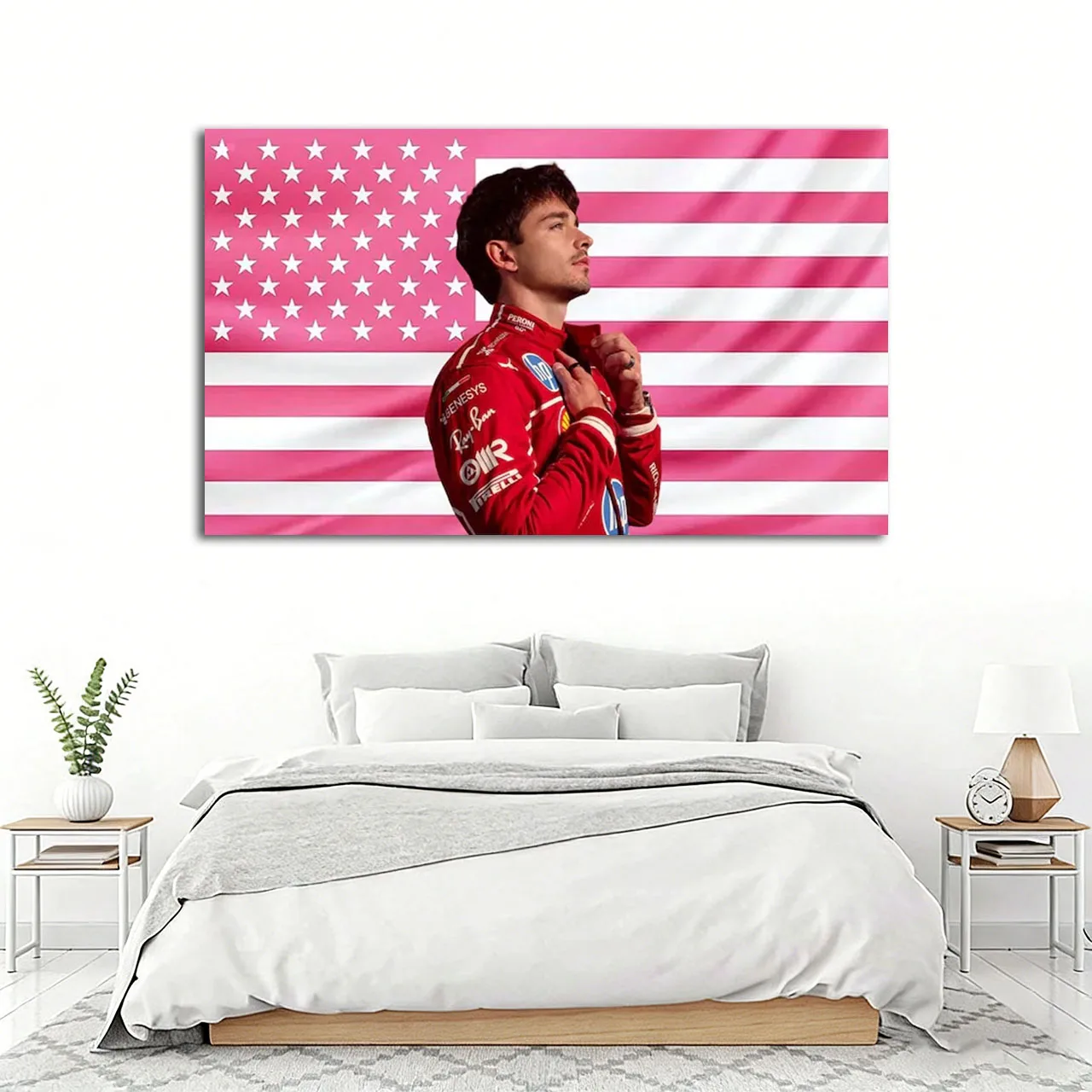Tapiz de pared de Charles Leclerc, arte de pared con bandera de EE. UU. en rosa, decoración estética de F1, tapiz divertido para fanáticos del deporte motor y cumpleaños