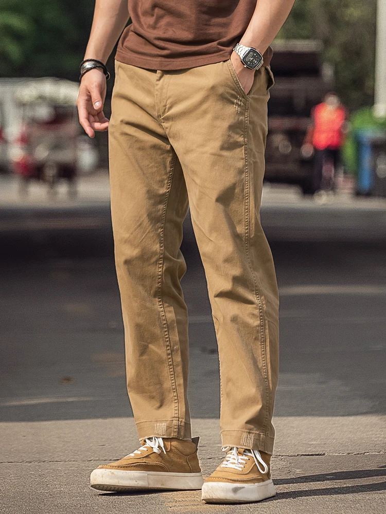 

Летние повседневные брюки цвета хаки, мужские тонкие американские ретро-брюки из чистого хлопка, эластичные прямые брюки, рабочая одежда, модные городские брюки