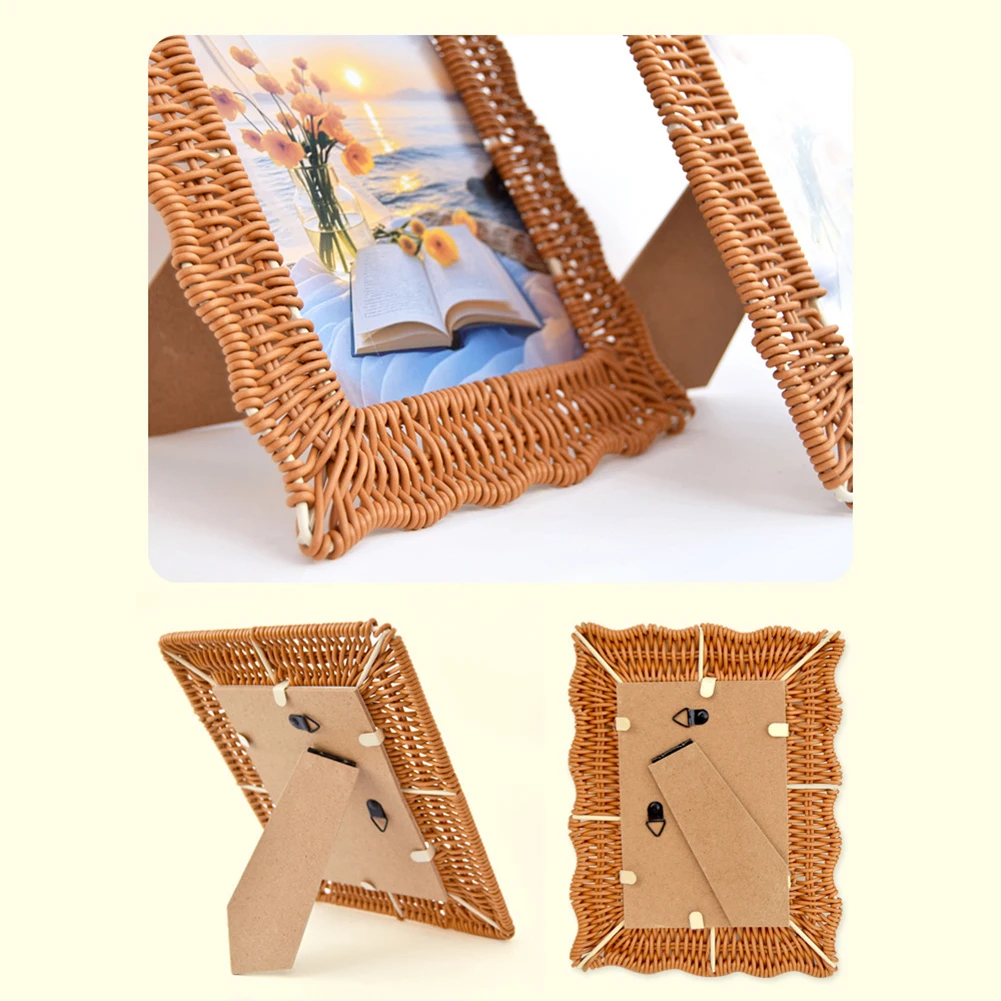 Handcrafted Boho Rattan Photo Frames Set of 2 for Rustic and Farmhouse Style Home Decoration with Dual Orientation Design