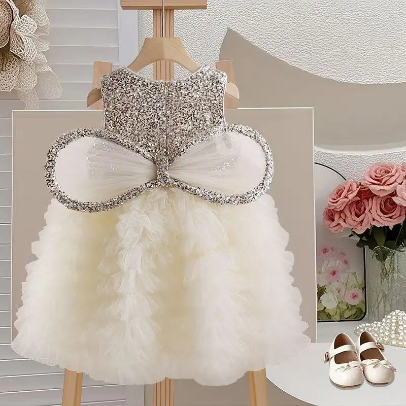 

Baby Girls Sequined Vest Dress Summer New Toddler Back Bow Vestidos Princess Kids Fashion Birthday Party Mesh Ball Gown 1-6Years