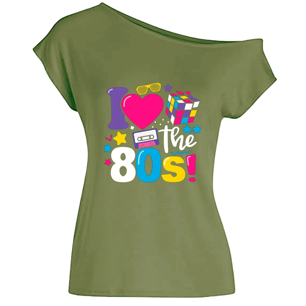 XUANSHOW 2024 Sommer I Love the 80s Emotional Element T-Shirt Sexy Off Shoulder Tops Kurzarm Buchstaben bedrucktes T-Shirt – Detail 21