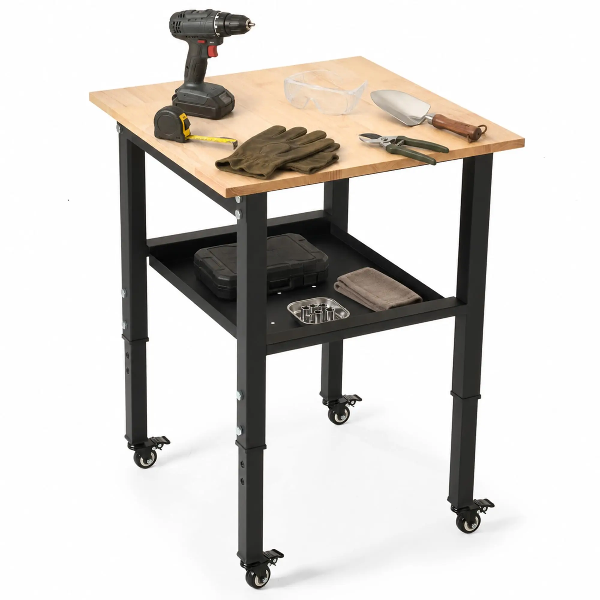 24 Inch Adjustable Heavy Duty Workbench, 1200 lb Capacity Rubberwood Top