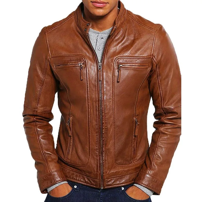 

URBAN Men's Authentic Lambskin Leather Jacket Biker Tan Luxury Racer Winter Coat