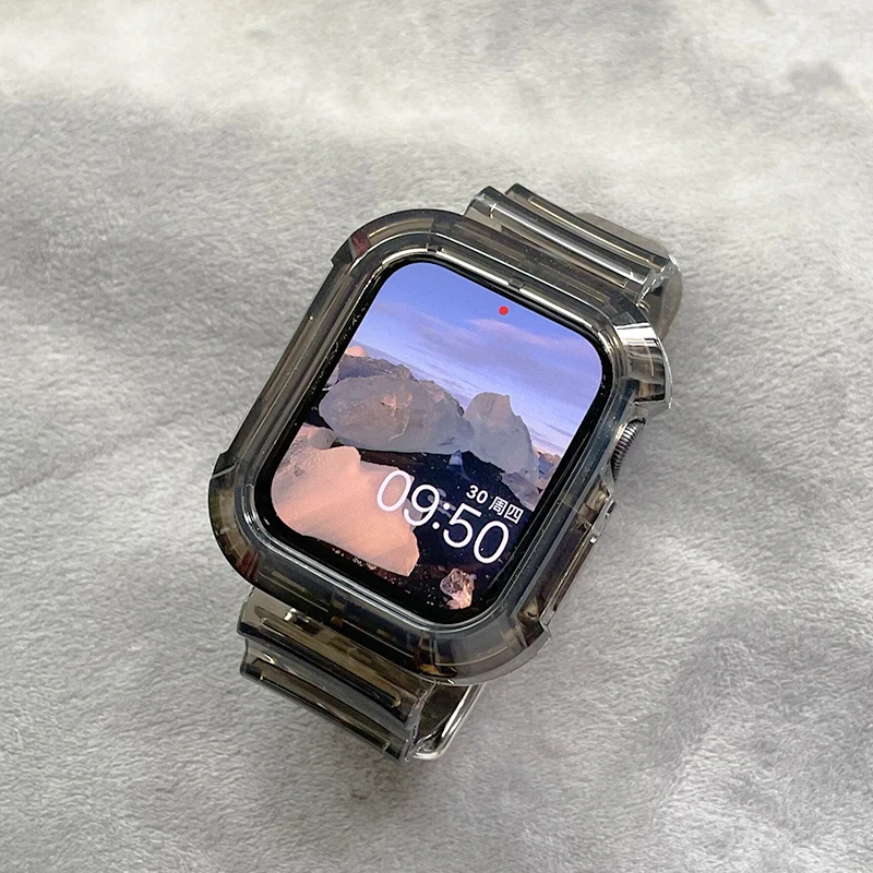 Für Apple Watch Band 44mm 40mm 45mm 46mm 42mm 38mm 41mm Transparentes Silikonarmband iWatch Serie 10 9 8 7 6 3 se Hülle + Armbänder
