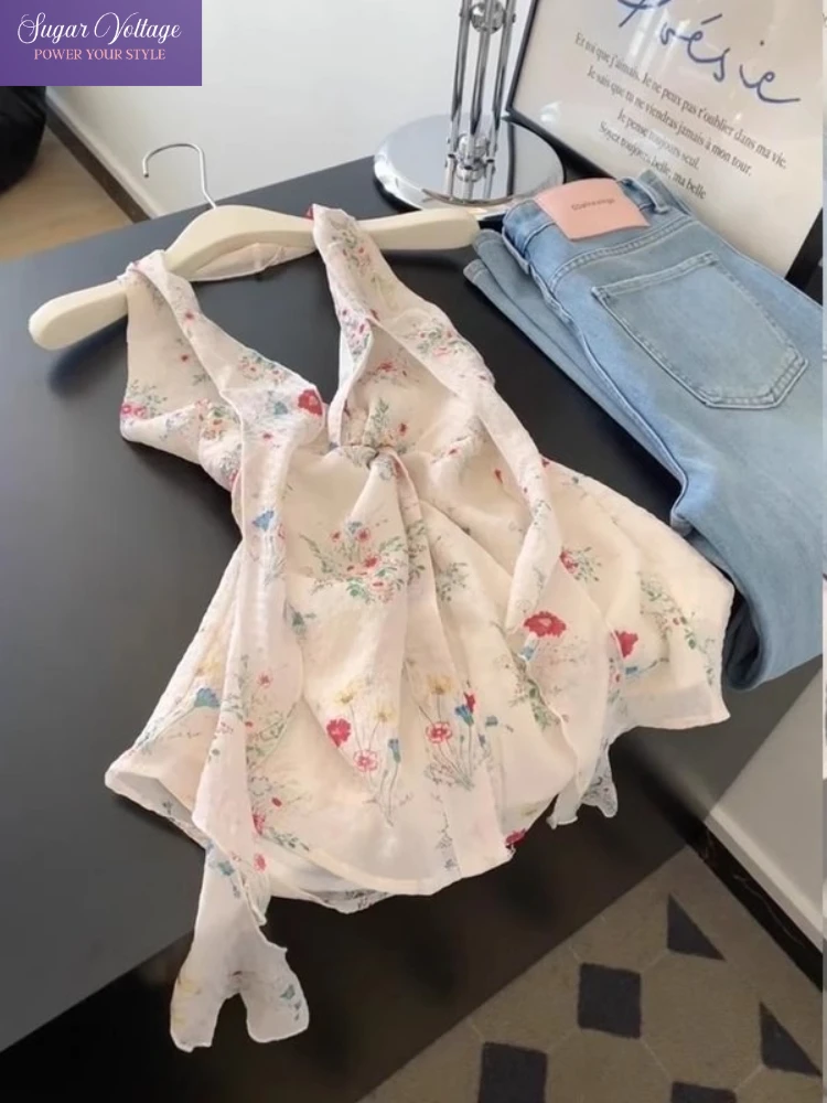 

French Floral V Neck Knotted Camisole Tops Women Sweet Summer 2025 New Slim Fit Sleeveless Shirt Cute Chic Tank Vacation Outfits