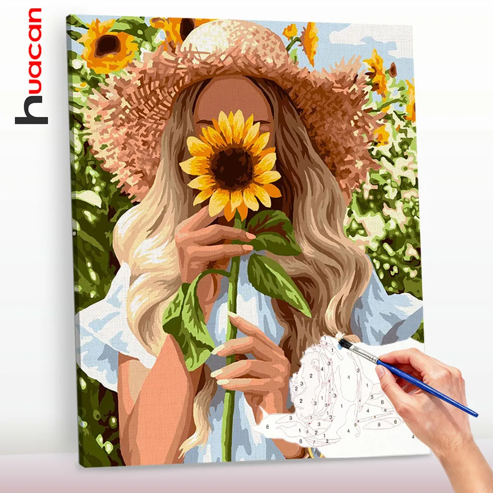 Huacan Malen nach Zahlen Mädchen DIY Ölgemälde nach Zahlen Neuheiten Sonnenblume Handgemachtes Geschenk ﻿ ﻿ ﻿