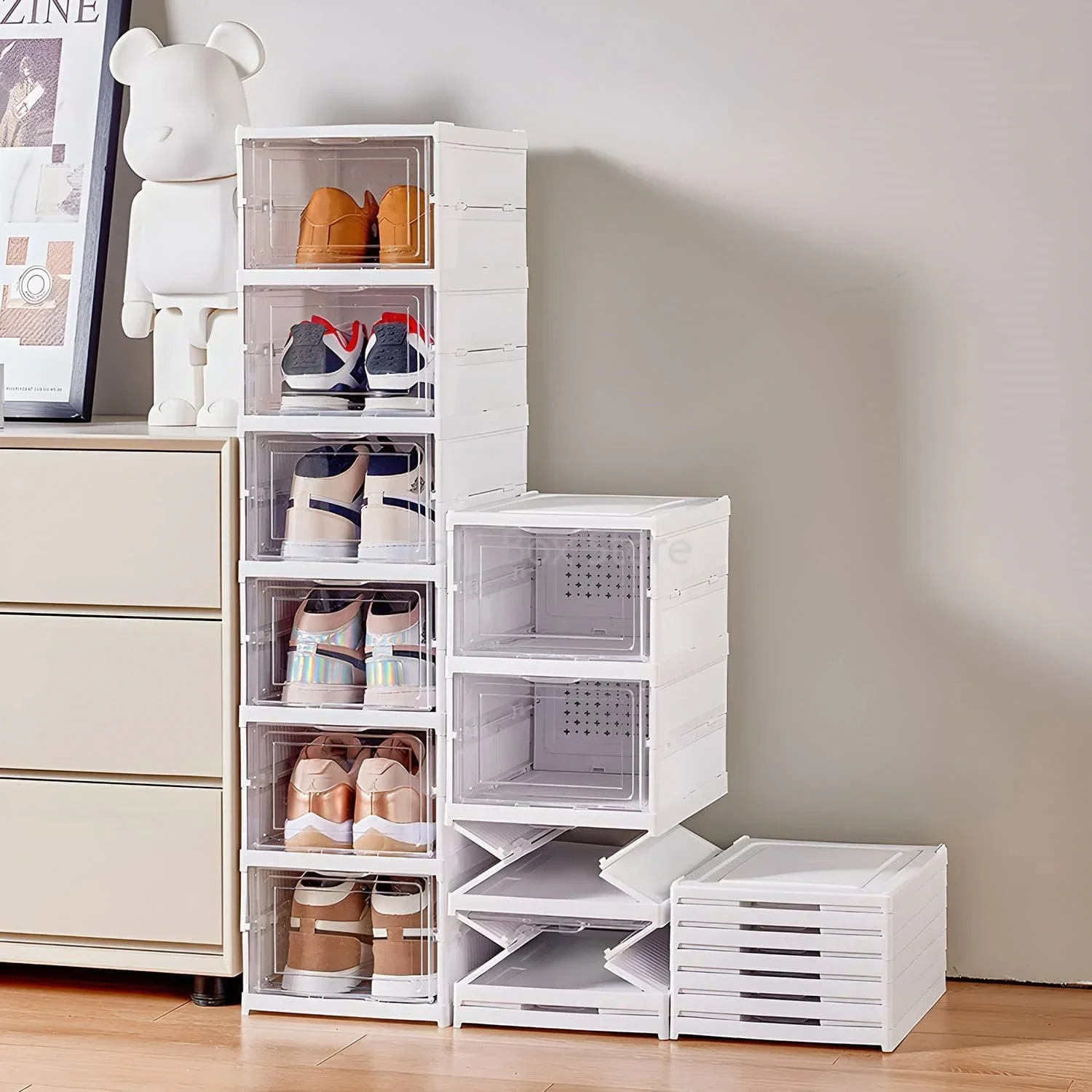 Stackable Shoe Racks 3/6 Layer Plastic Transparent Sneaker Storage Box Living Room Shoe Cabinet