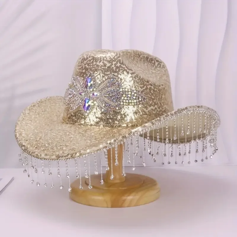 HongLuan Golden Glitter Costume Hat Adult & Cowboy Hats Rhinestone for Woman, Cowboy Cosplay Female Accessories & Cowgirl Cap