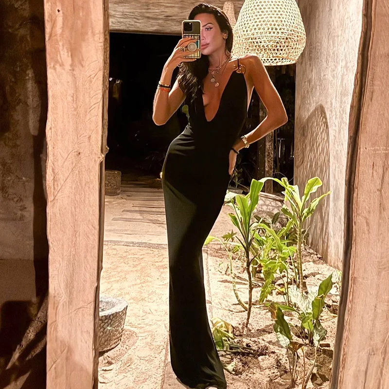 

Summer New Sexy Deep V-Neck Camisole Backless Long Dress Solid Color Slim Fit Dress