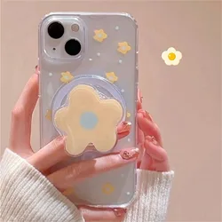 Korean Cute 3D Flower Stand For Magsafe Wireless Charge Phone Case For iPhone 11 12 13 14 15 16 Pro Max 7 Plus X XS Clear Cover